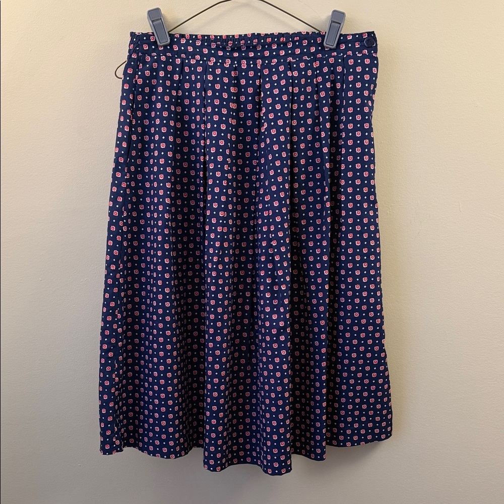 Vintage Navy and Pink Patterned Midi Skirt